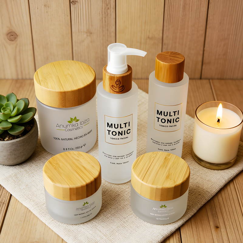 Custom Bamboo Lid Cosmetic Packaging Jars and Bottles 30ml 50ml 100ml Frosted Wooden Glass Jar With Engraved Logo With Paper Box