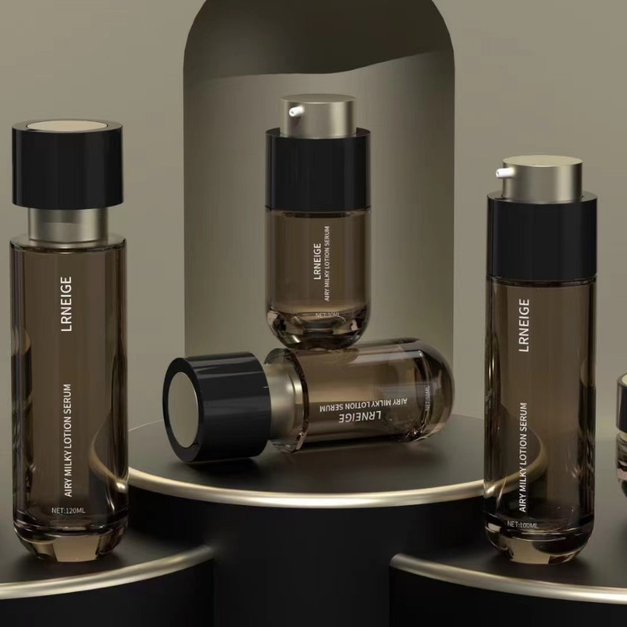 Matte Black Frosted Glass Cosmetic Packaging High-end Glass Skincare Set Lotion Bottle For Skincare Cream Jar With Gold Cap