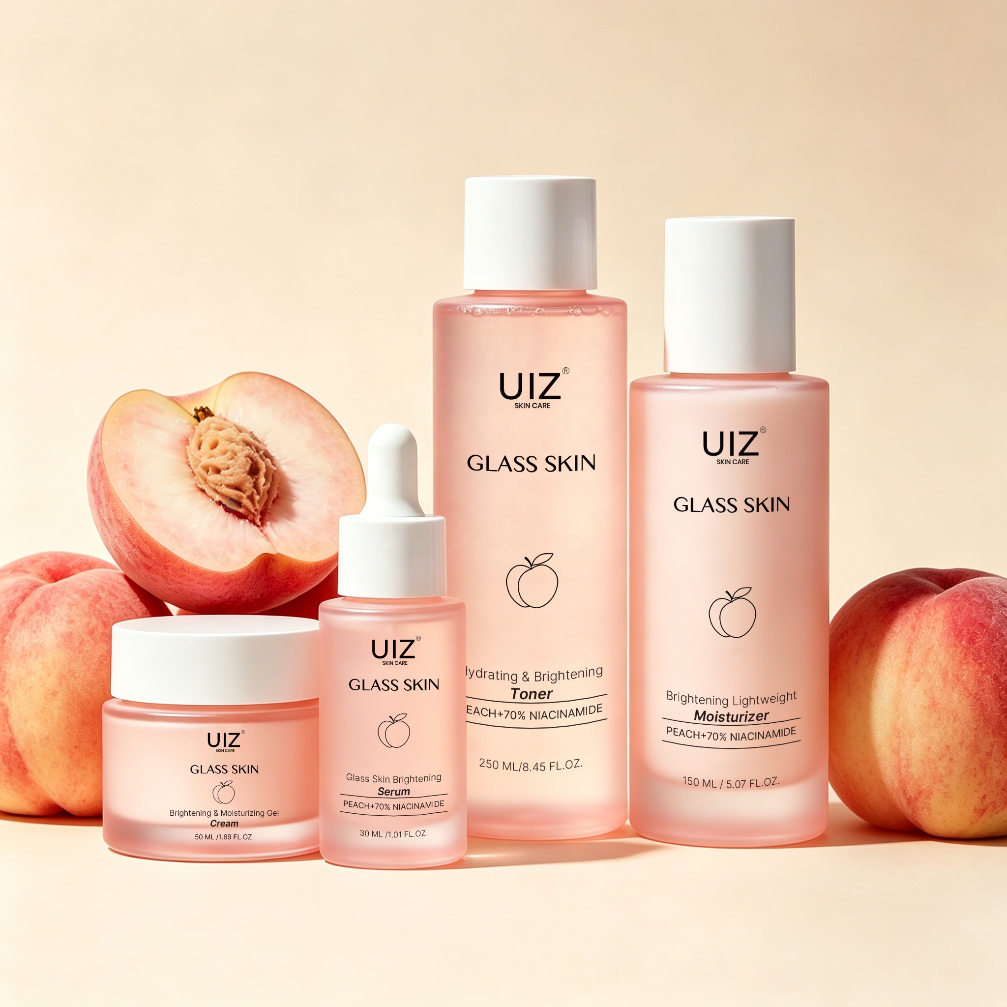 Private Label Peach+70% Niacinamide Skin Care Set Organic Brightening Anti-Aging 4-Piece Korean Facial Skincare Kit Gift