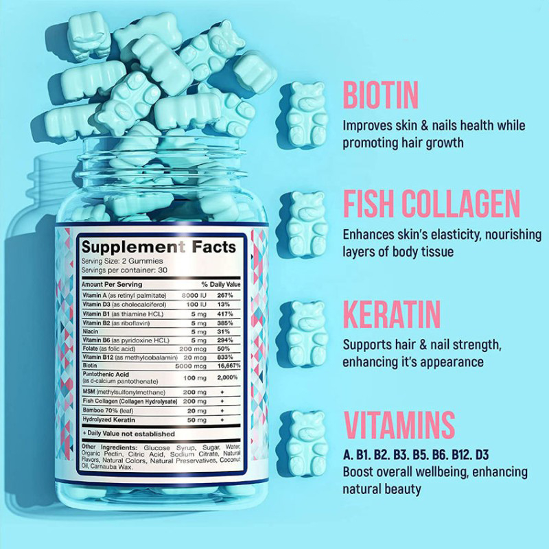 Premium Adult Hair Skin Nails Gummies Collagen Biotin Keratin Vitamins Gluten-Free Dietary Supplement Women Wellness Beauty Glow