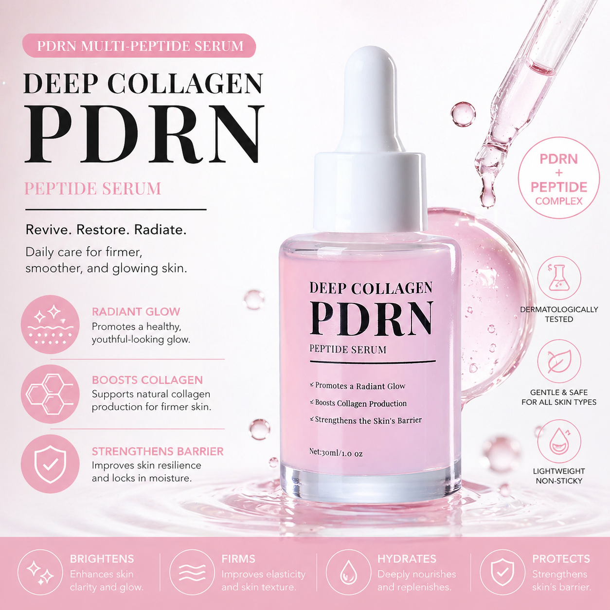 Deep Collagen Pink Peptides Serum Face Glow Korea Glass Skin Care Products Booster PDRN Salmon DNA Serum