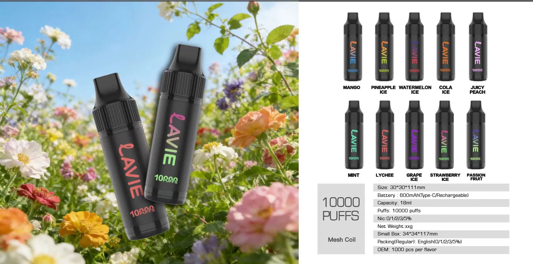10K Puffs Rechargeable Vape Pen Lavie Disposable Compact Design 10 Yummy Flavors