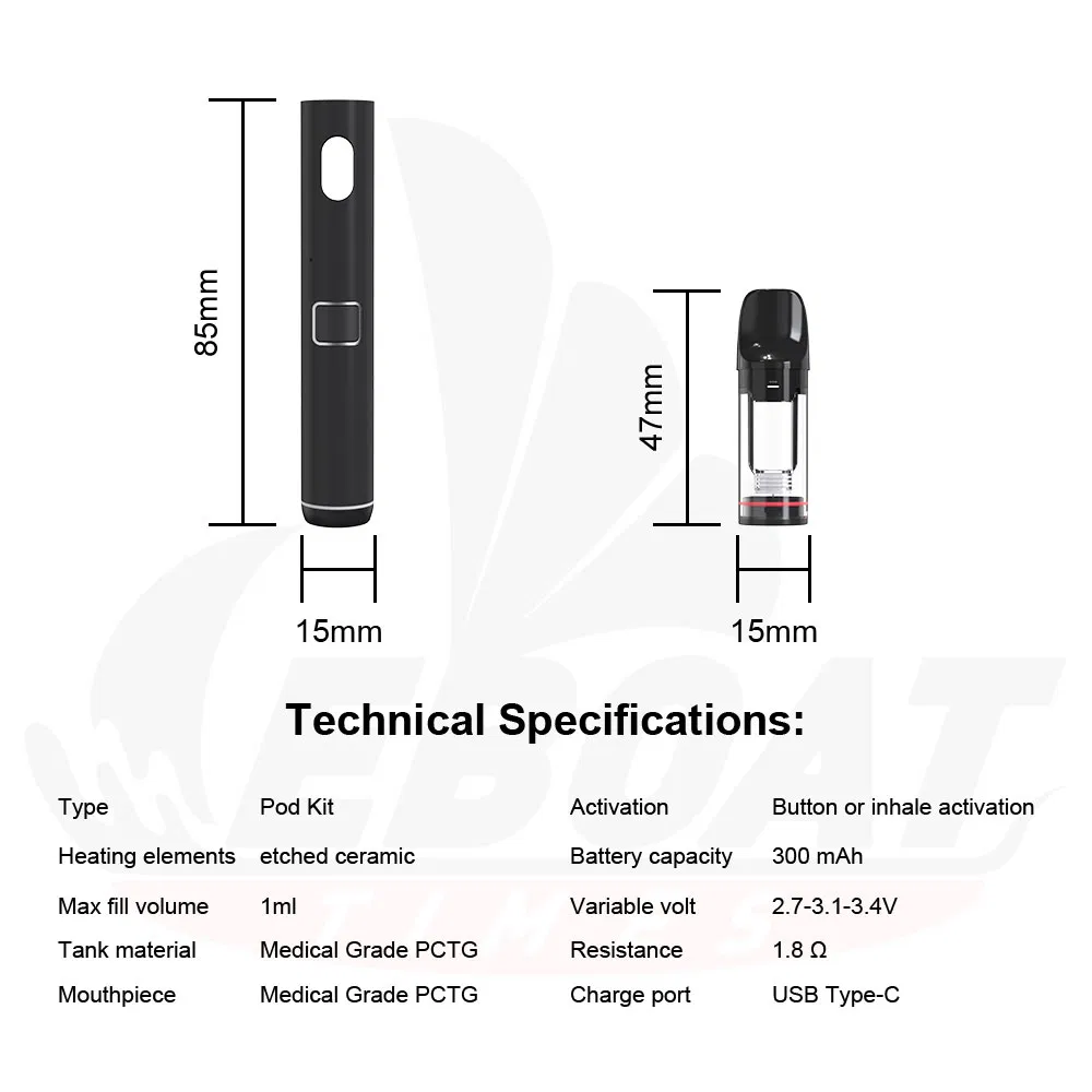 Replaceable 1.0ml Pod Electronic Cigarette Empty Thick Oil Cartridge Disposable