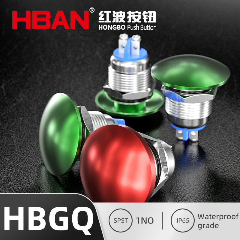 Hban 19mm Metal Zn-Al Alloy Waterproof Green Head Mushroom Push Button Switch