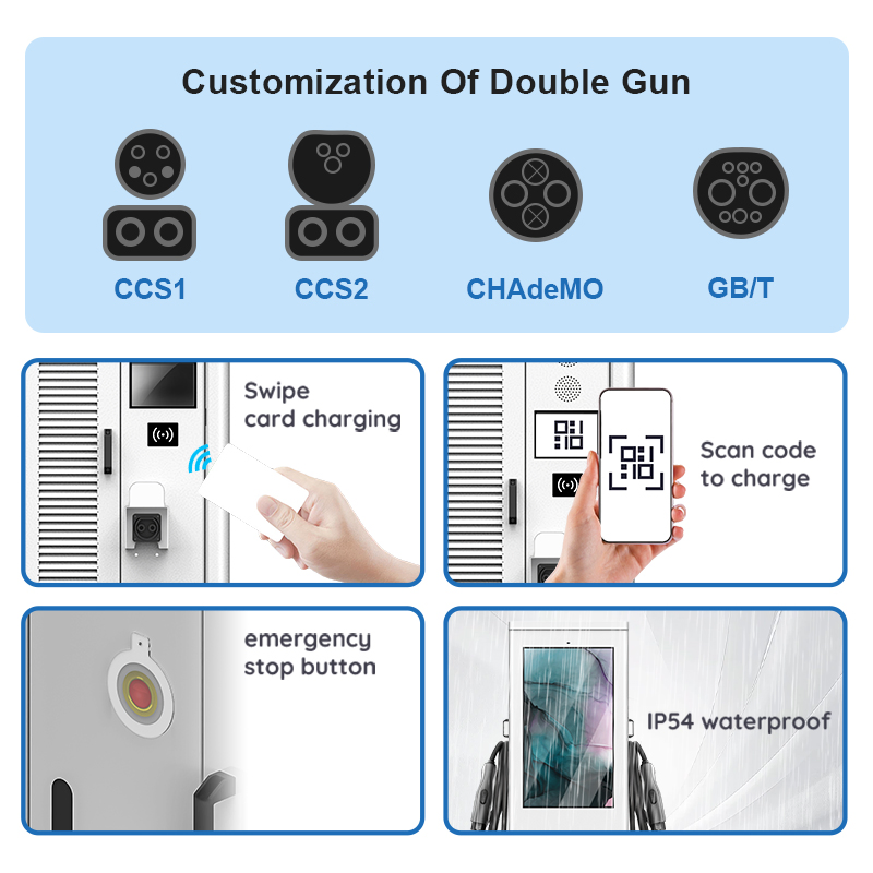 60kw/120kw/180kw Ocpp 1.6j Chademo, CCS2, Type 2 DC+ AC Connector EV Car Charging Station Charging Pile for Outdoor Commercial Use