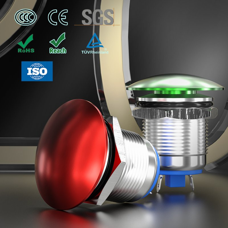 Hban 19mm Metal Zn-Al Alloy Waterproof Green Head Mushroom Push Button Switch
