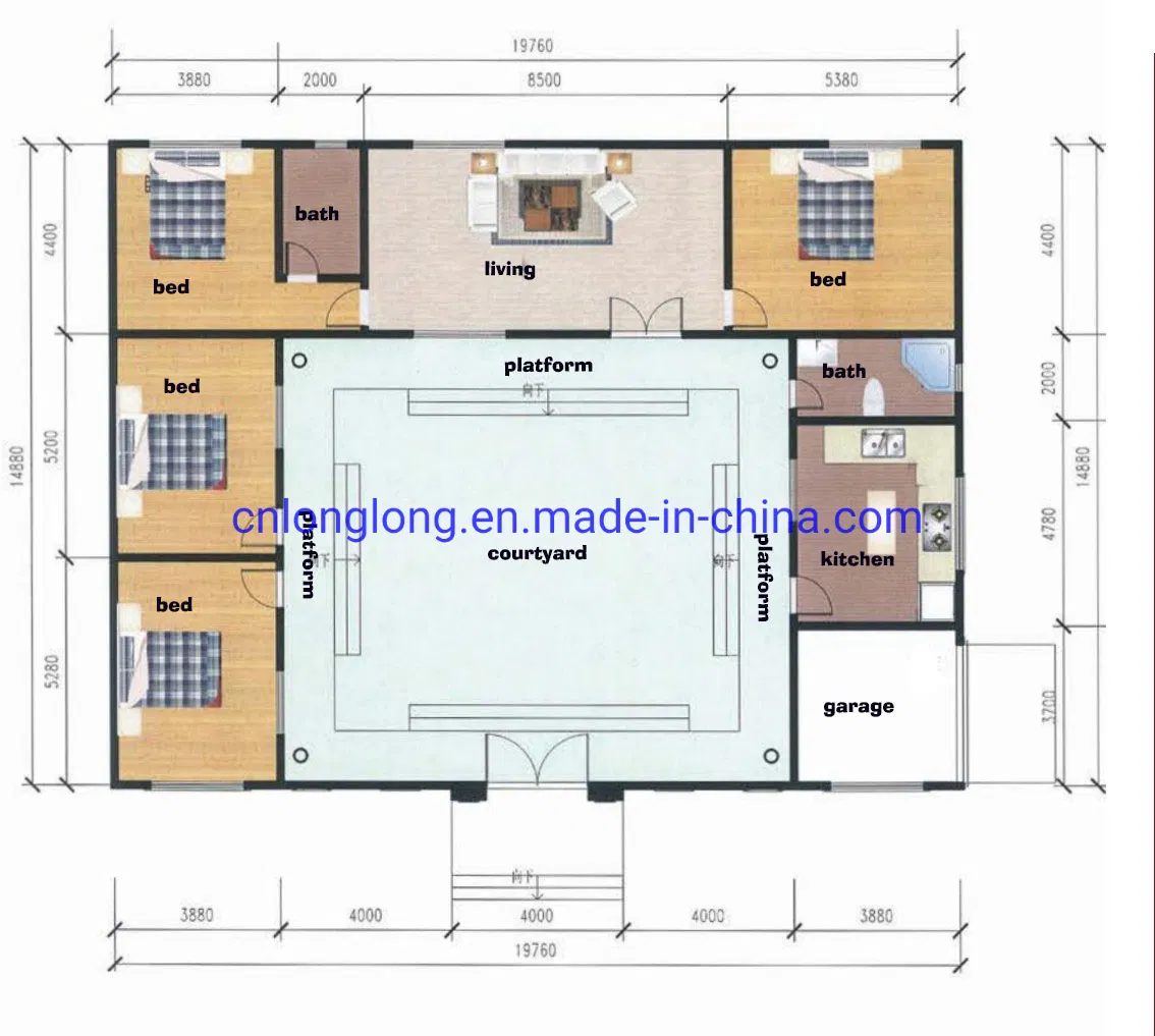 Casa de patio cuadrangular de estilo chino prefabricado villa de acero ligero 1-1