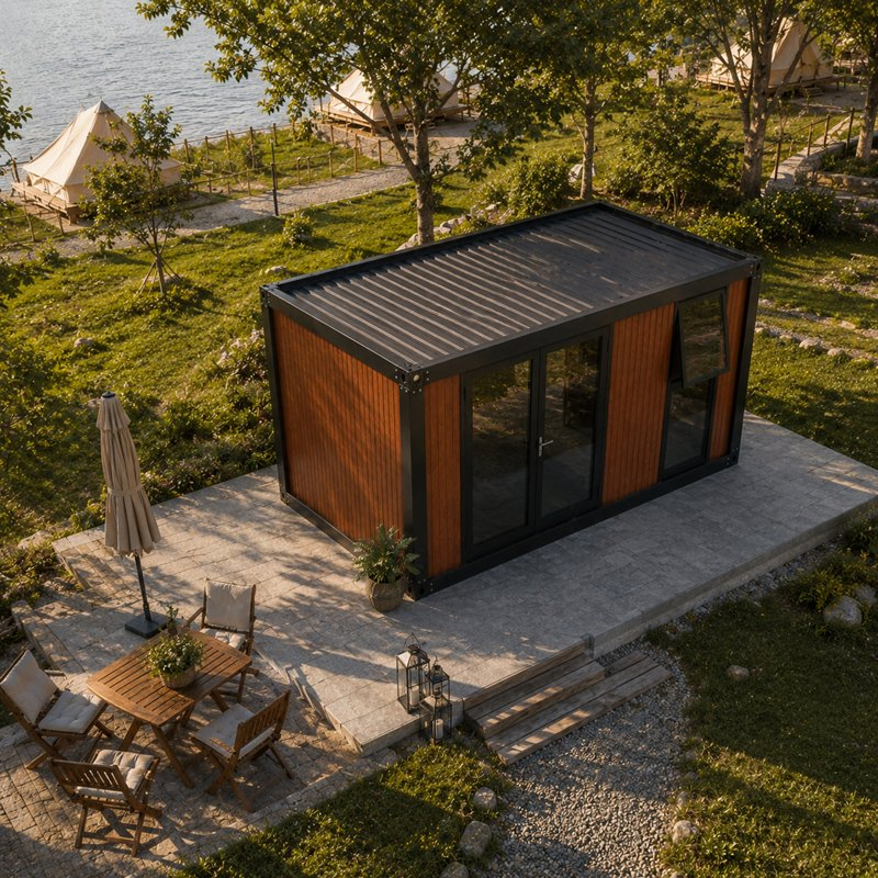 Casa modular portátil de madera de lujo, casa diminuta prefabricada, cabaña de resort, casa de glamping con puerta de vidrio
