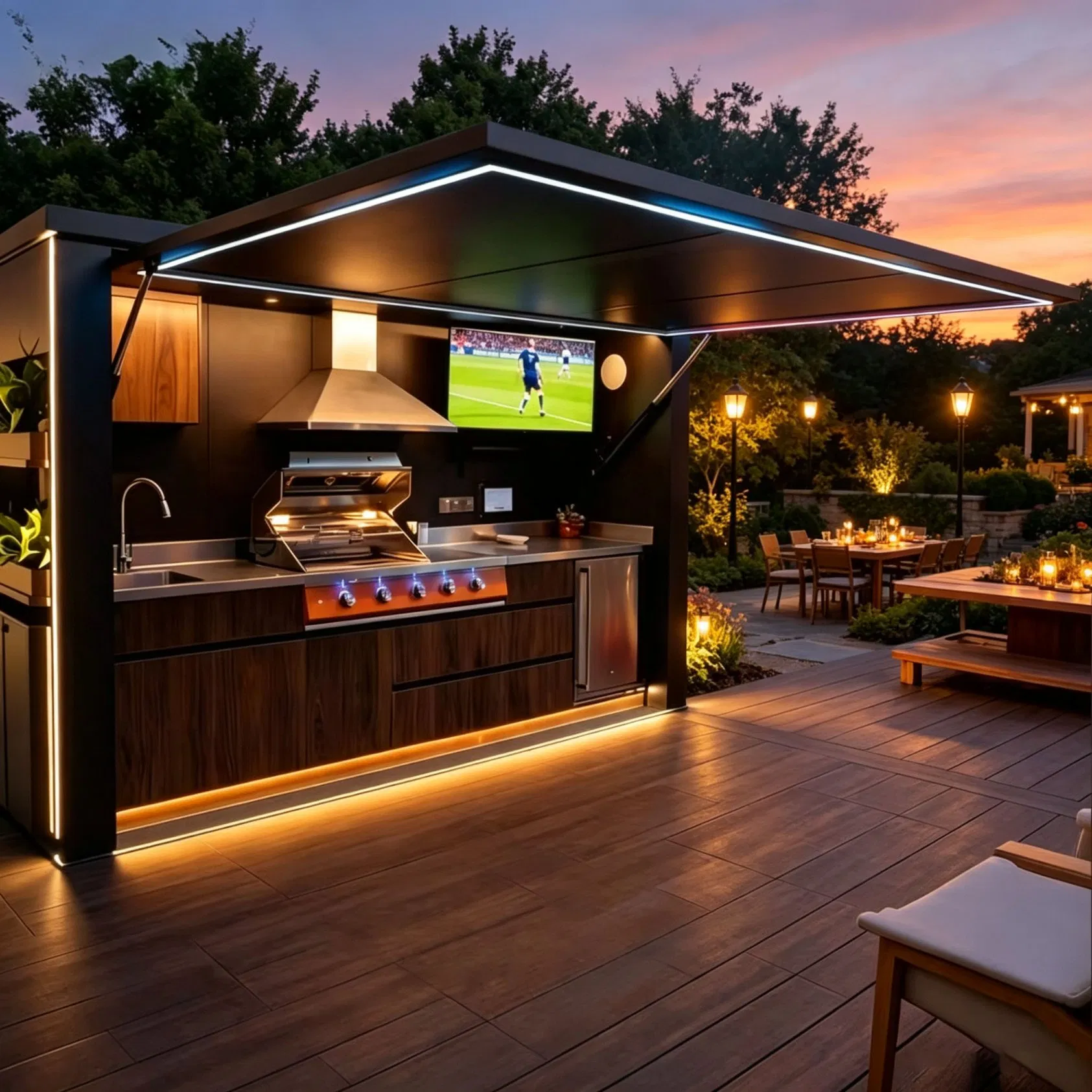 Tira de luz LED de lujo modular para cocina exterior con puerta abatible eléctrica de varilla de empuje, encimera de cuarzo, isla de barbacoa de función completa para villa de alta gama junto a la piscina