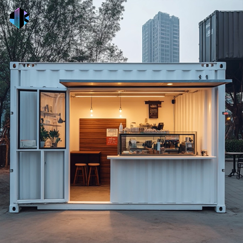 Cafetería modular móvil frente a la playa con venta de comida rápida