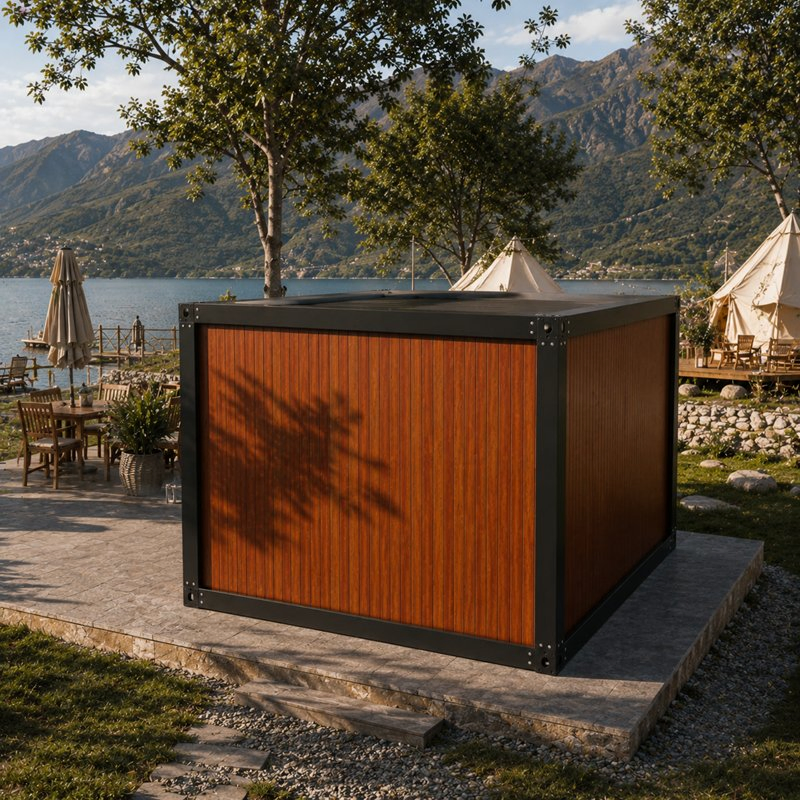 Casa modular portátil de madera de lujo, casa diminuta prefabricada, cabaña de resort, casa de glamping con puerta de vidrio