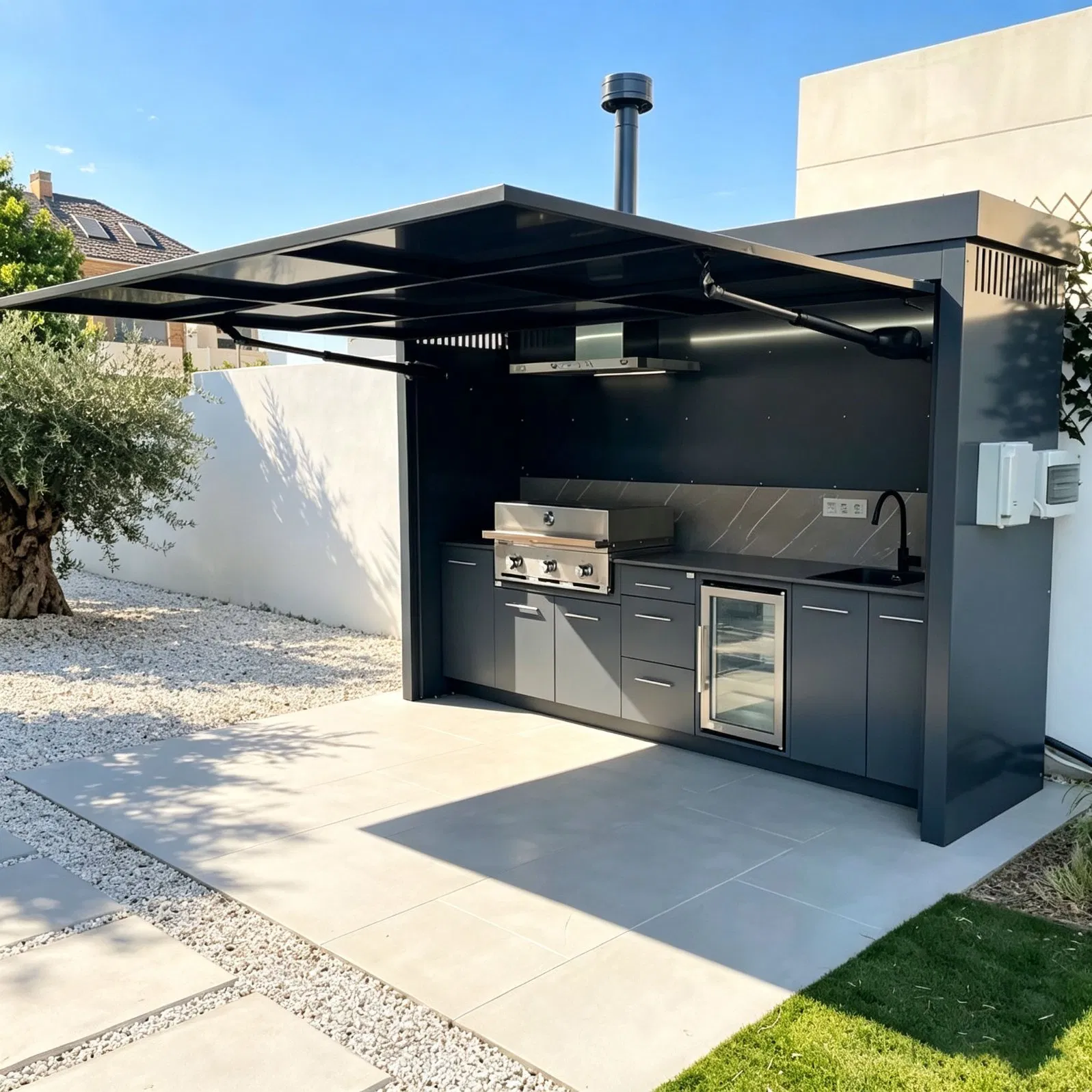 Tira de luz LED de lujo modular para cocina exterior con puerta abatible eléctrica de varilla de empuje, encimera de cuarzo, isla de barbacoa de función completa para villa de alta gama junto a la piscina