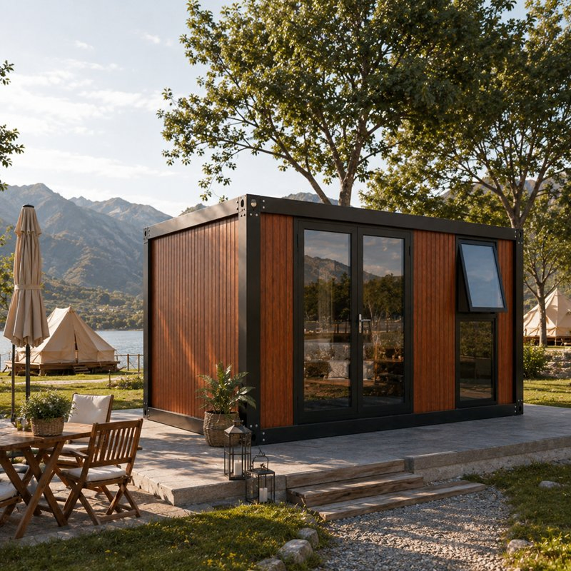 Casa modular portátil de madera de lujo, casa diminuta prefabricada, cabaña de resort, casa de glamping con puerta de vidrio