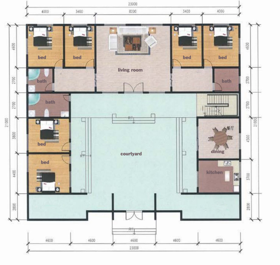 Edificio de patio cuadrangular de estilo chino prefabricado villa de acero ligero 2-5