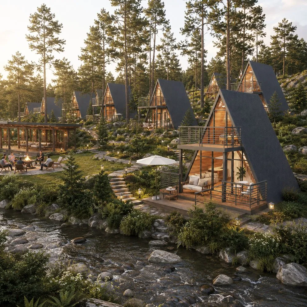 Cabañas Modulares tipo A para Camping de Lujo, Eco Resort y Vivienda Compacta con Producción Industrial Estandarizada