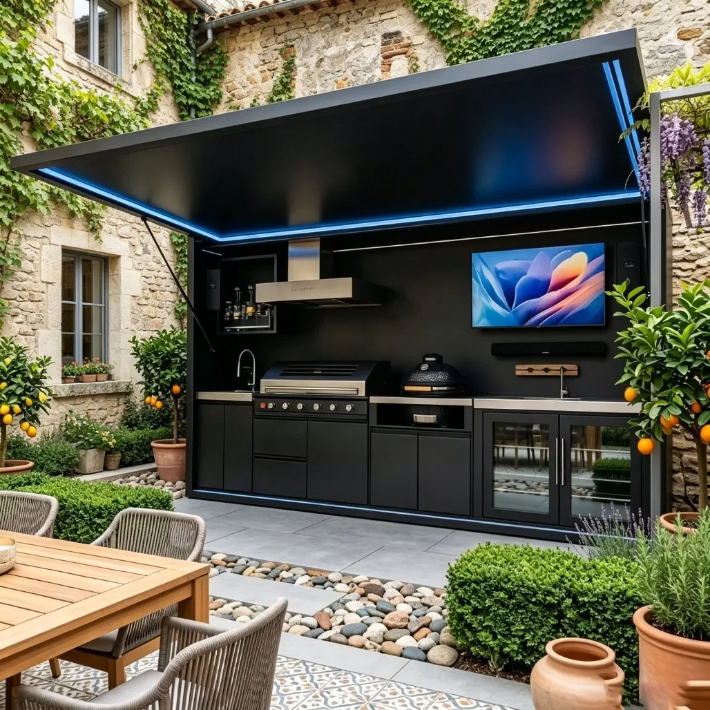 Tira de luz LED de lujo modular para cocina exterior con puerta abatible eléctrica de varilla de empuje, encimera de cuarzo, isla de barbacoa de función completa para villa de alta gama junto a la piscina