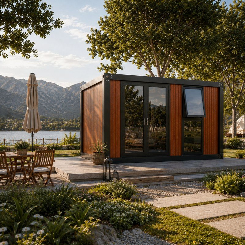 Casa modular portátil de madera de lujo, casa diminuta prefabricada, cabaña de resort, casa de glamping con puerta de vidrio