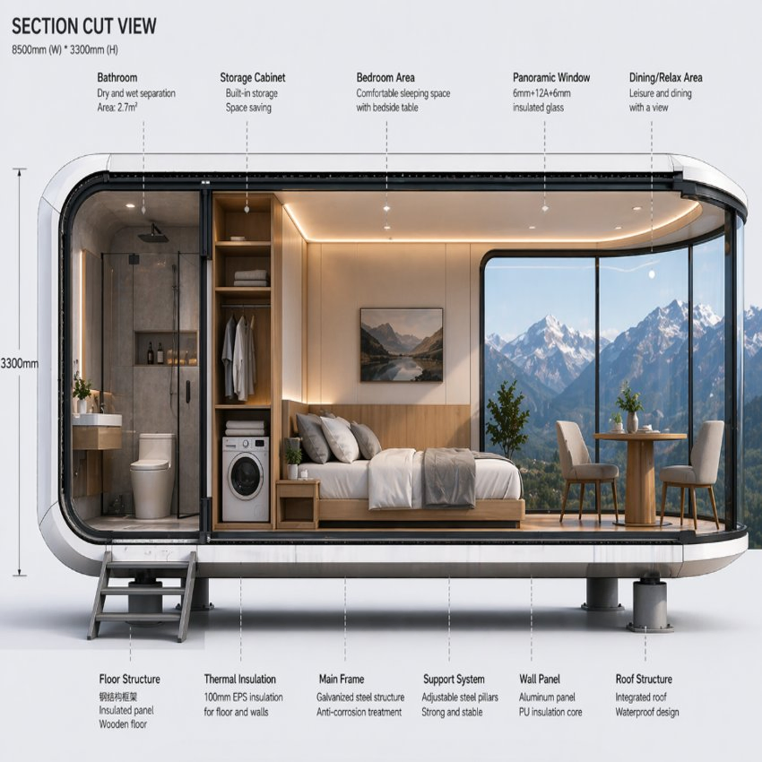 Ray-Ptv001 Elegante Robusto Lujo Pequeño Ecológico Prefabricado Contenedor Modular Expandible Cápsula Hogar Inteligente Portátil Móvil Vivienda Residencial Casa