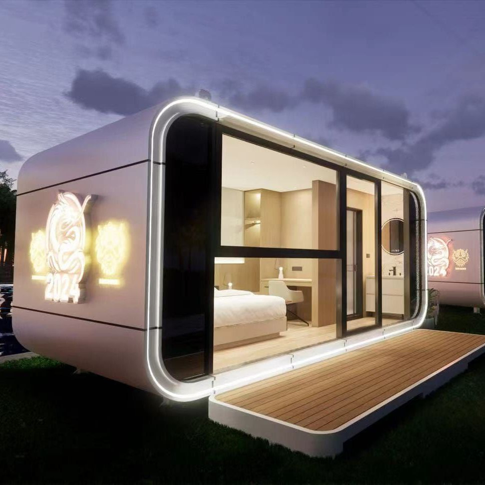 Suministro de fábrica de cabaña de manzana prefabricada 20FT/30FT/40FT casa móvil modular hecha de panel sándwich compuesto resistente a los rayos UV para resortes en islas tropicales con ISO CE