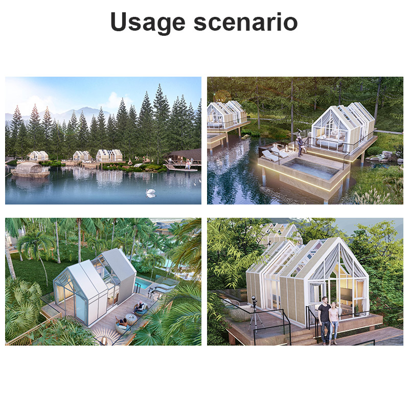 Glamping frente a la playa, estructura en A, móvil, invernadero eléctrico, toldo, iluminación interior y sombra, resorts, invernadero