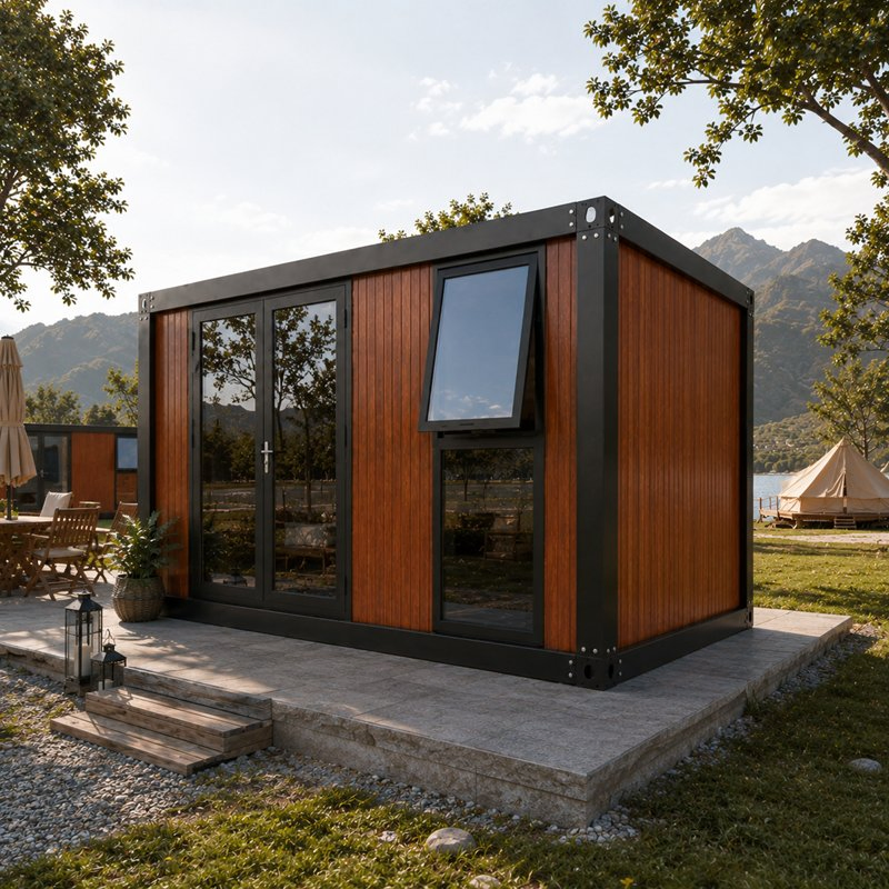 Casa modular portátil de madera de lujo, casa diminuta prefabricada, cabaña de resort, casa de glamping con puerta de vidrio