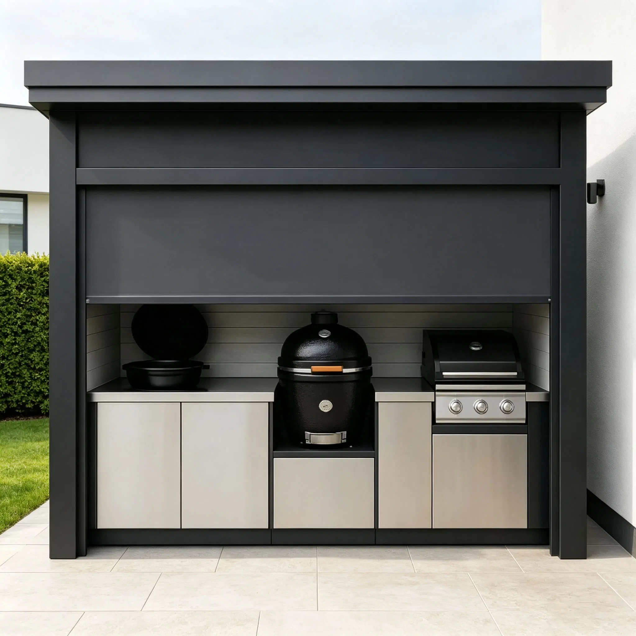 Tira de luz LED de lujo modular para cocina exterior con puerta abatible eléctrica de varilla de empuje, encimera de cuarzo, isla de barbacoa de función completa para villa de alta gama junto a la piscina
