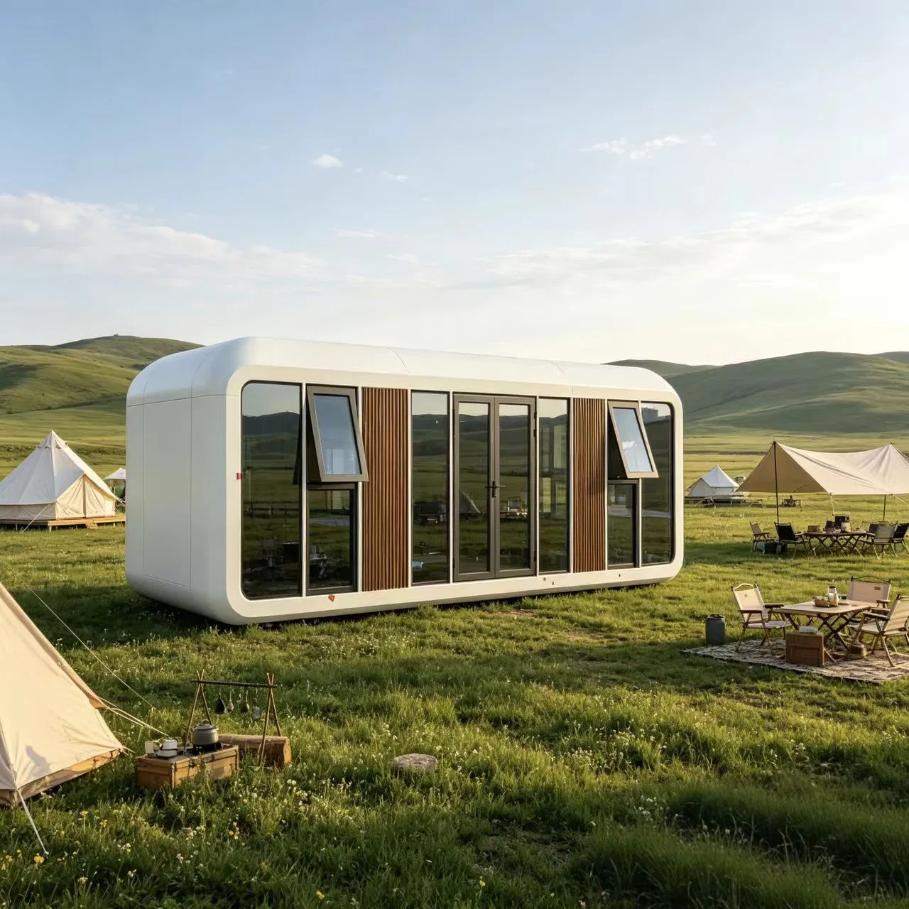 Casas modulares de lujo modernas de manzana listas para acampar al aire libre y resorts turísticos