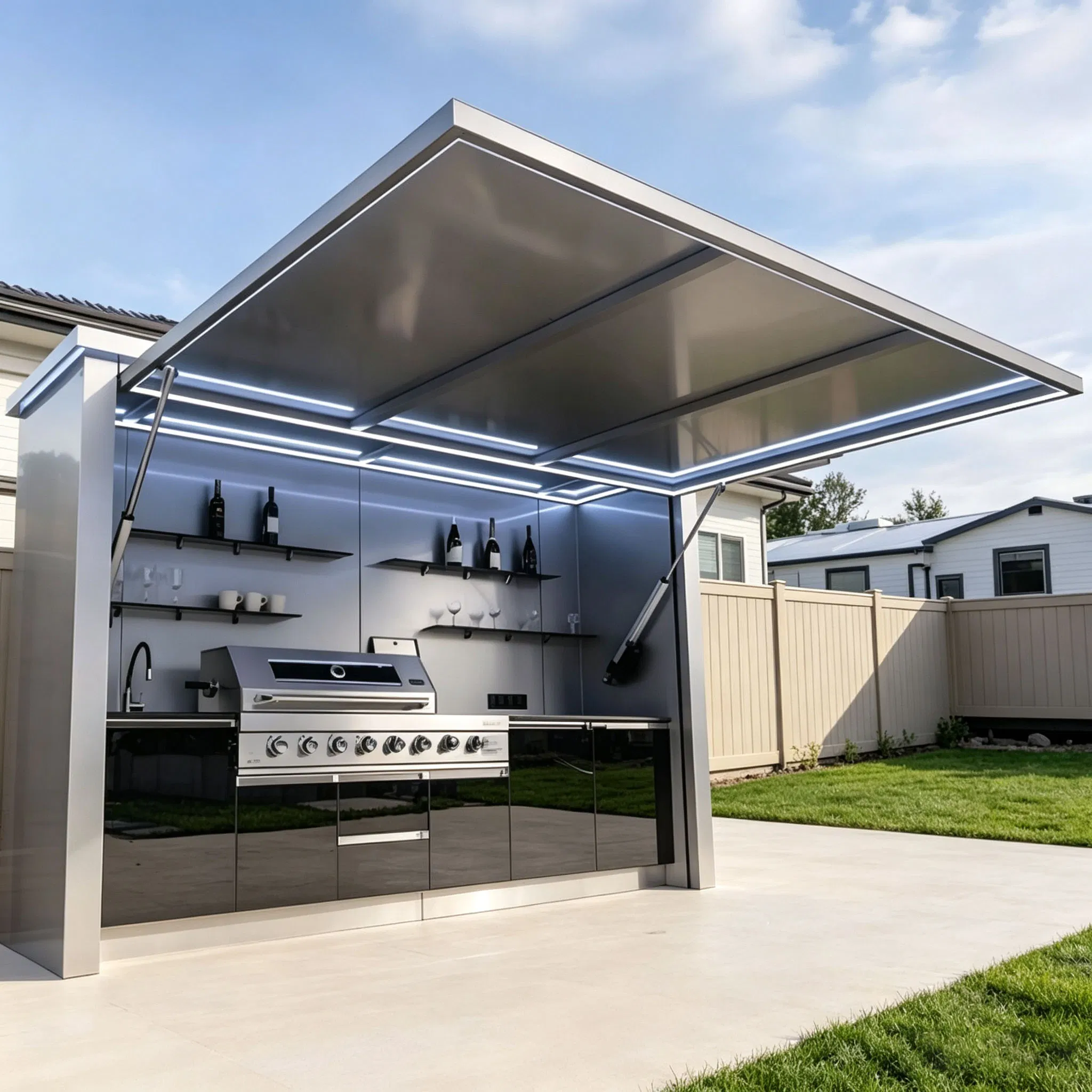 Tira de luz LED de lujo modular para cocina exterior con puerta abatible eléctrica de varilla de empuje, encimera de cuarzo, isla de barbacoa de función completa para villa de alta gama junto a la piscina