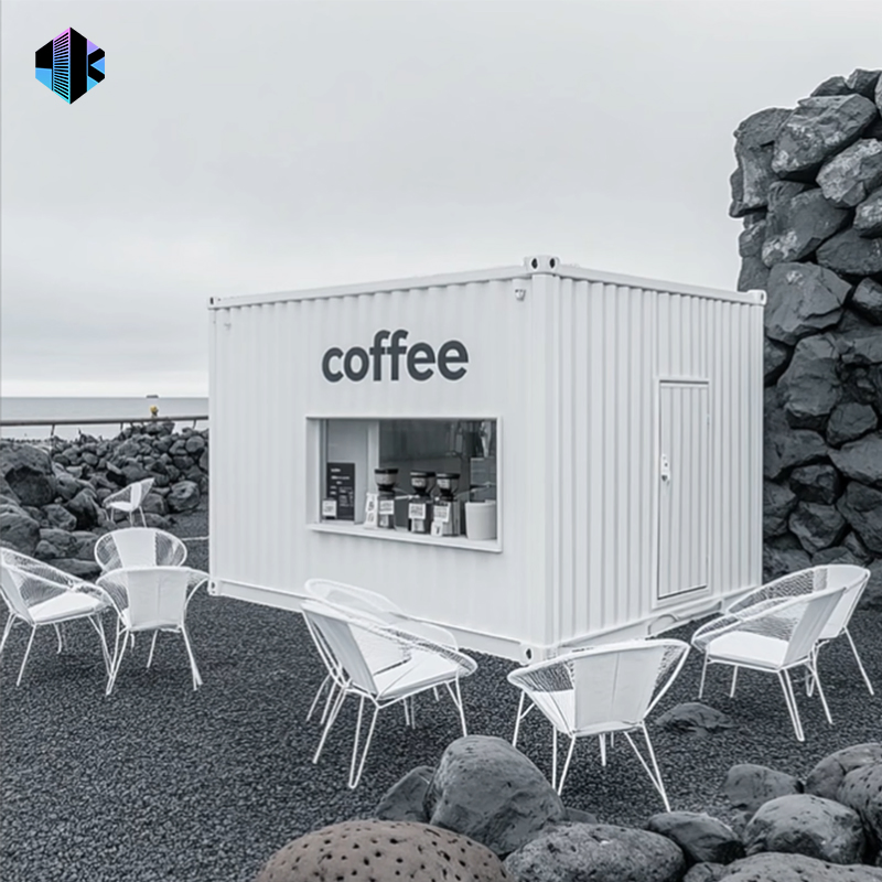 Cafetería modular móvil frente a la playa con venta de comida rápida
