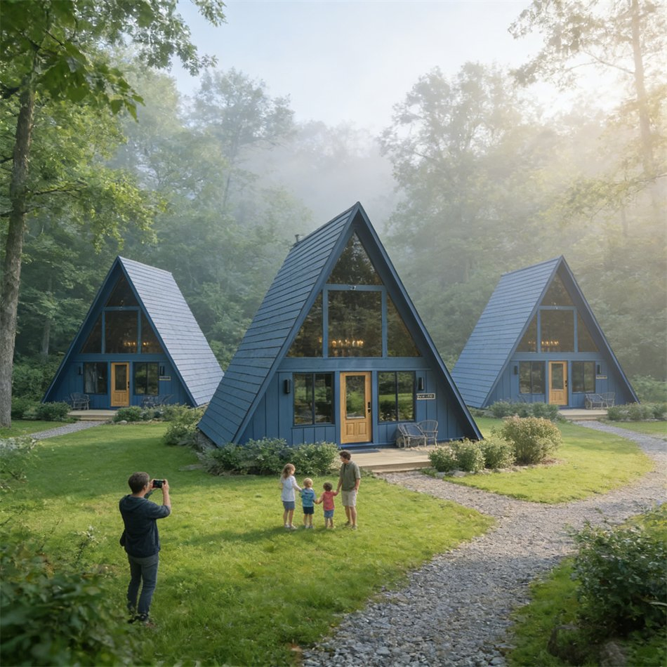 Casa modular prefabricada de dos plantas, casa triangular, villa prefabricada en forma de A con terraza para el desarrollo de hoteles boutique