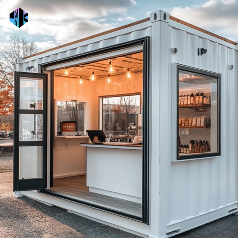 Cafetería modular móvil frente a la playa con venta de comida rápida