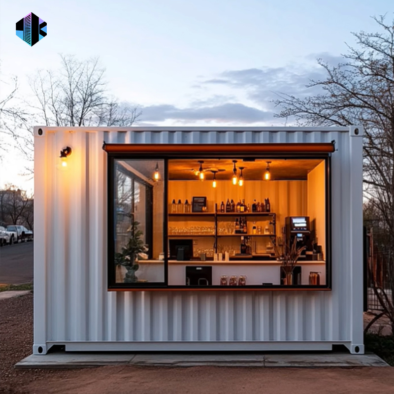 Cafetería modular móvil frente a la playa con venta de comida rápida