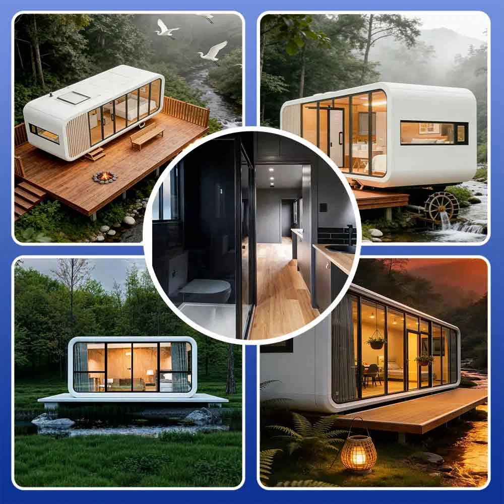 Casa cápsula de manzana ajustable de tamaño personalizado, hogar modular portátil, pod de huésped en un resort escénico de isla