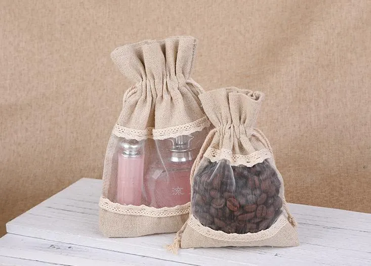 Wholesale Jewelry Jute Drawstring Pouch Creative Candy Gift Bag with Window