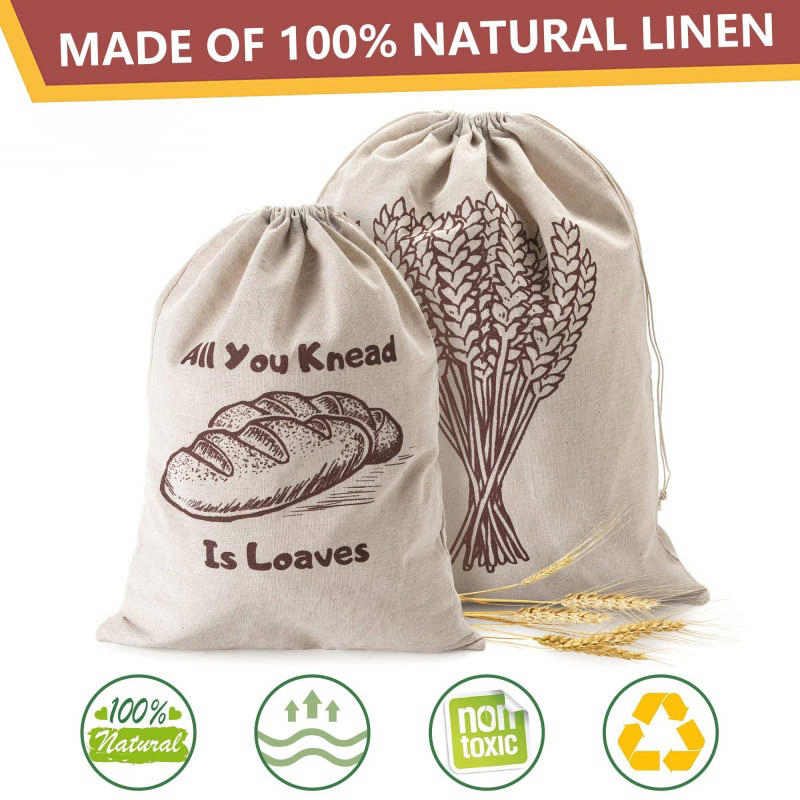 Custom French Printed Reusable Drawstring Storage Jute Organic Cotton Linen Bread Bag