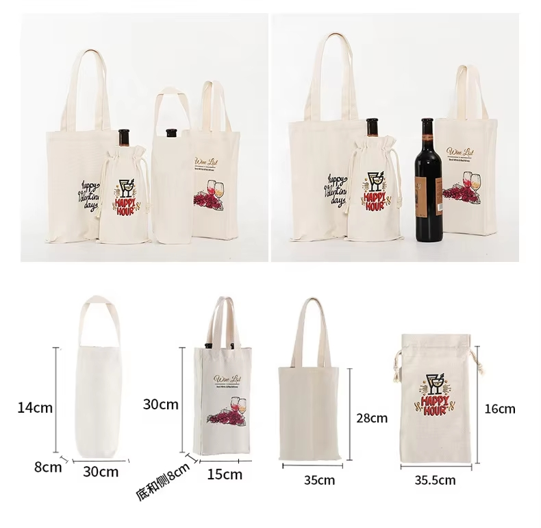 Popular Wedding Gift Canvas Wine Tote Bag with Drawstring Pocket for Wine Packaging for Shopping