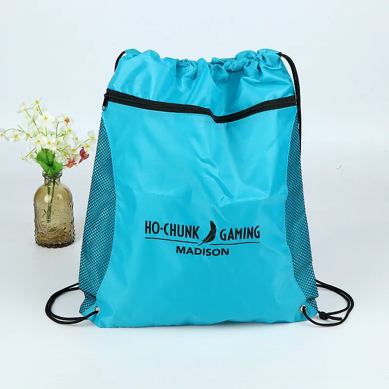Custom Polyester Nylon Drawstring Backpack with Zipper Pocket Waterproof Gym Sports Training Bag