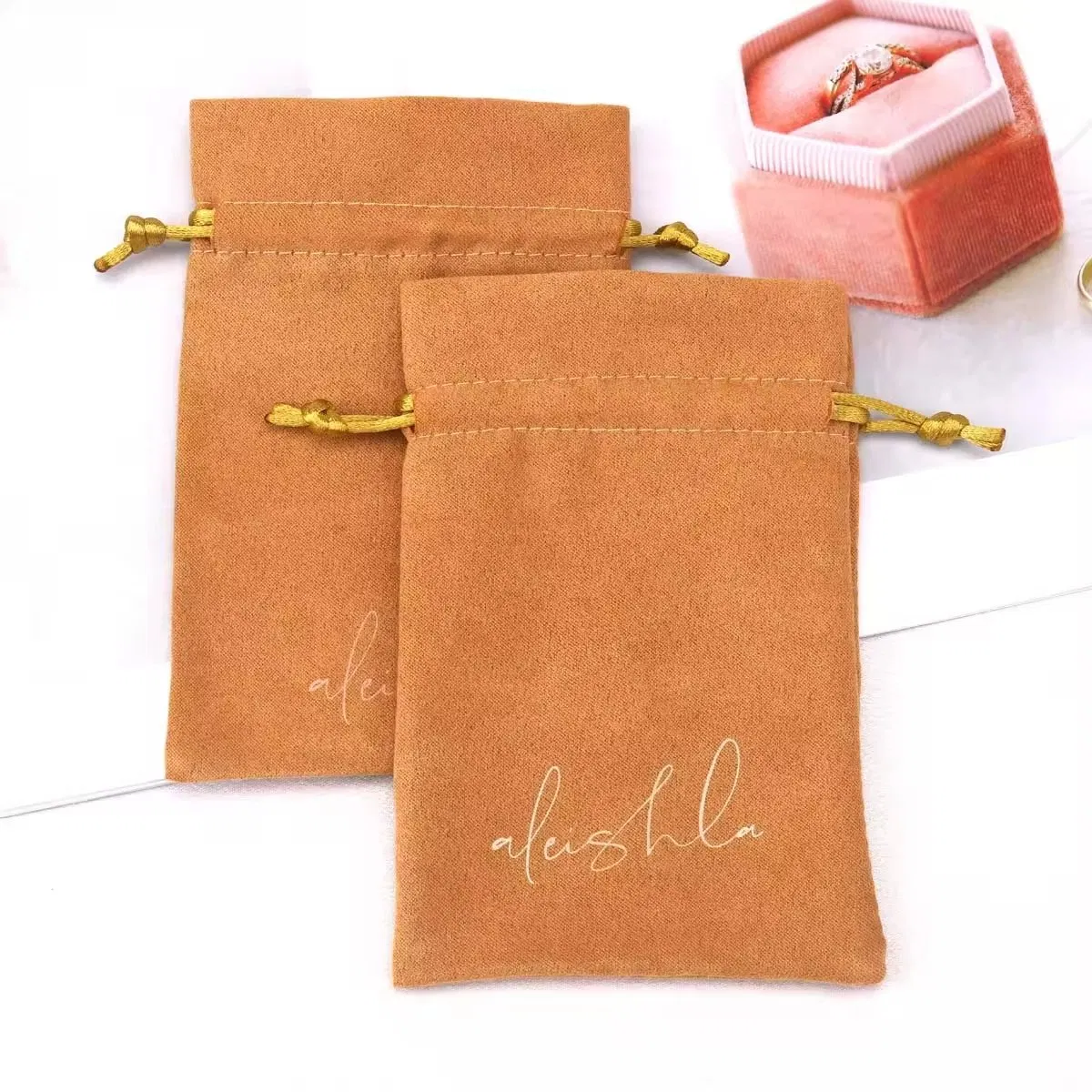 Custom Logo Printing Small Jewelry Packaging Suede Pouch Luxury Drawstring Gift Perfume Storage Suede Bag