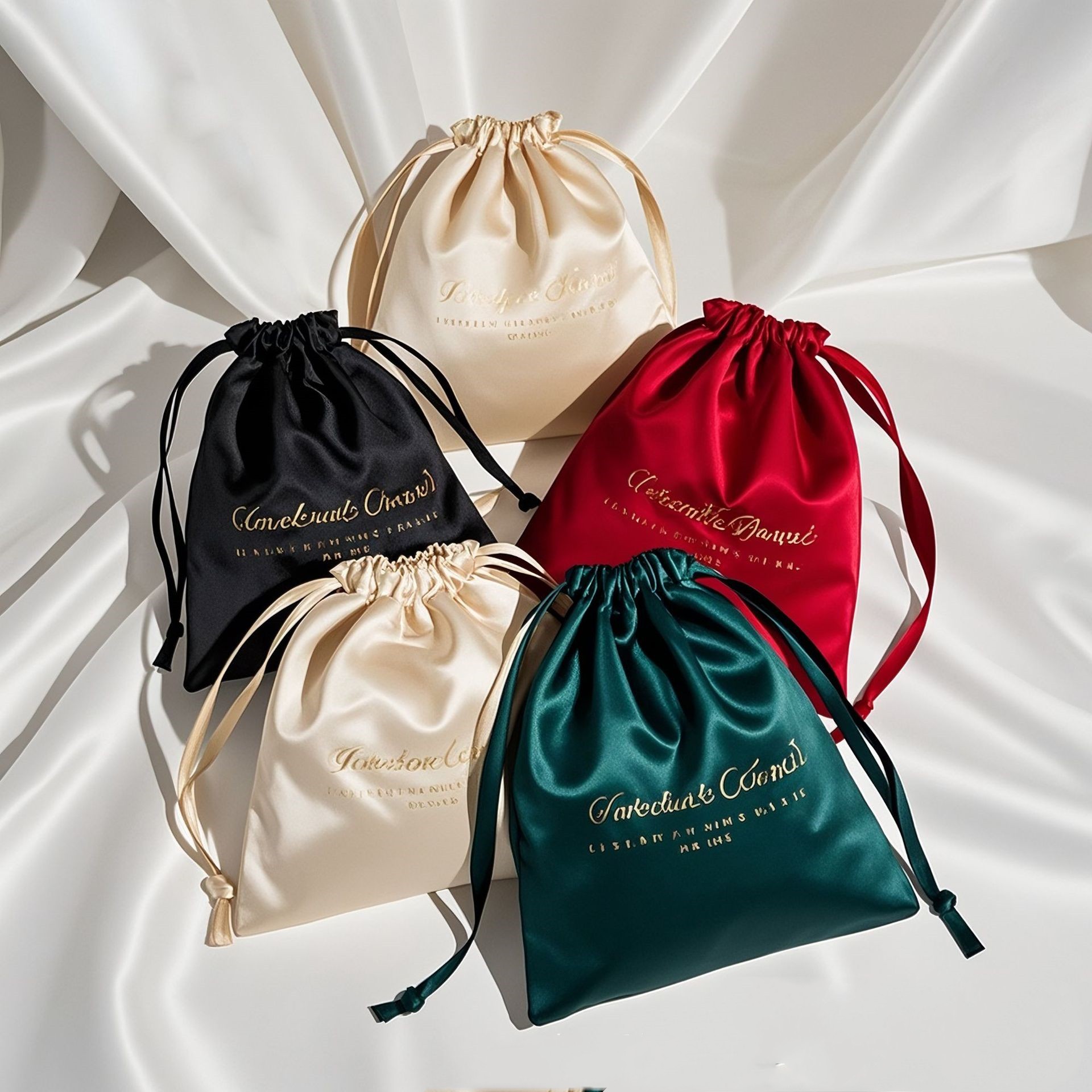 Top Quality Custom Print Logo Pouch Candy Color Silk Satin Cloth Drawstring Dust Jewelry Bag