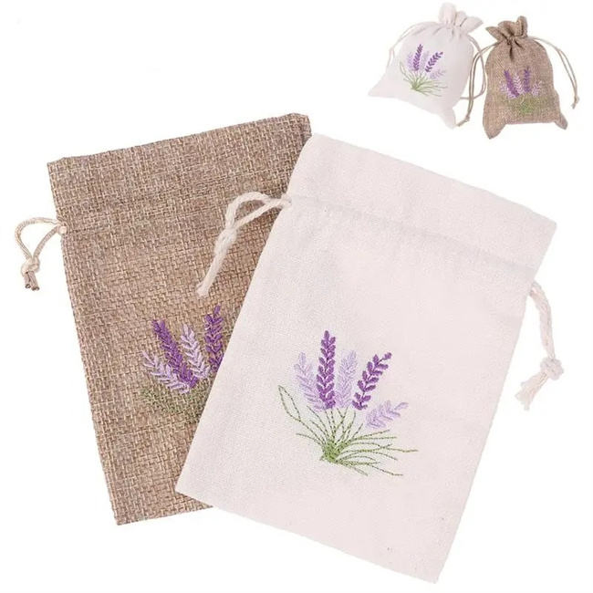 Lavender Embroidery Jute Drawstring Pouch Cotton Dust Storage Bag and Jewelry Gift Box for Party and Wedding