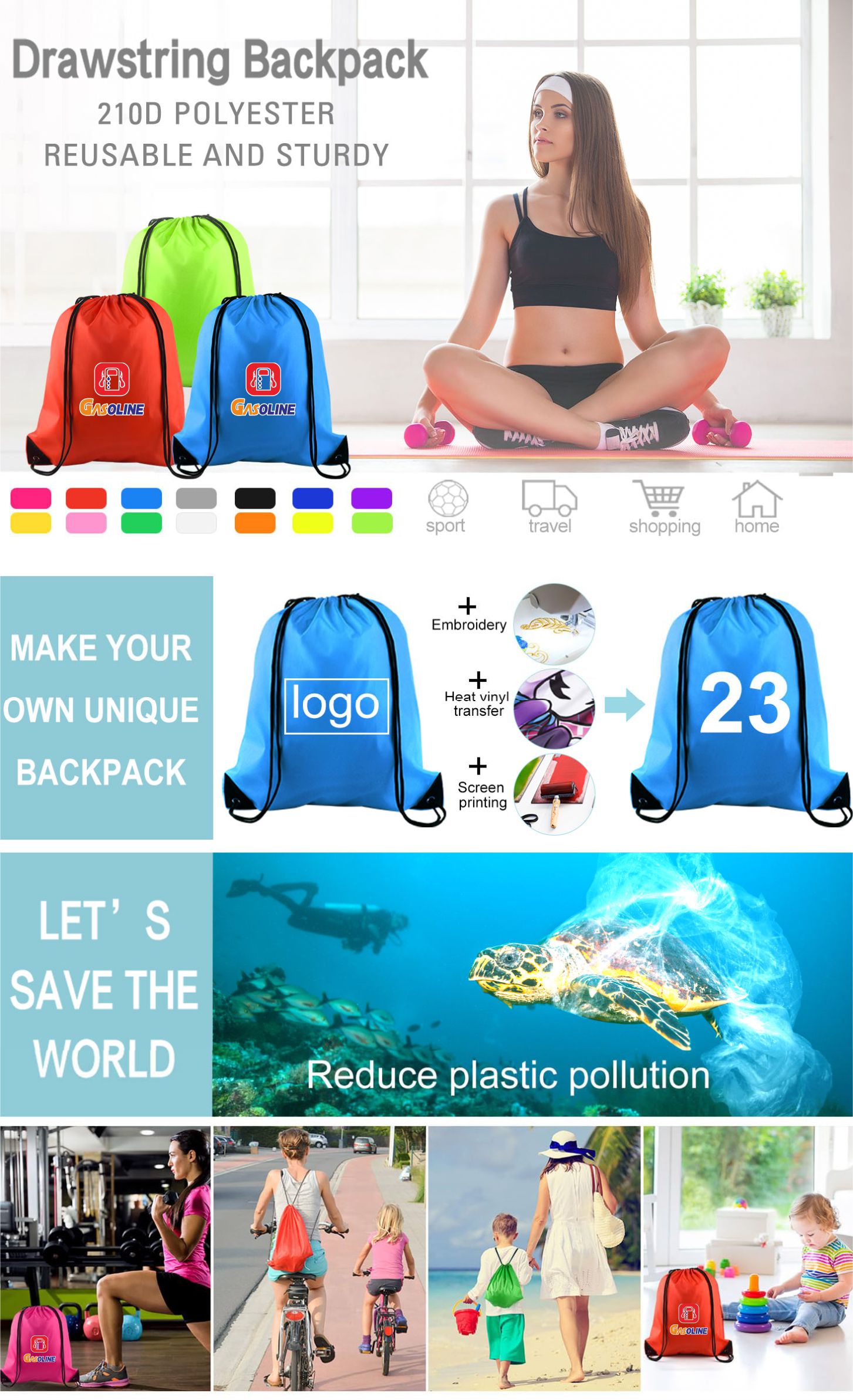 Custom Promotional Drawstring Backpack Gym Cinch Bag Foldable Draw String Back Bag Sports Bag for Gym Sports Travel Outside