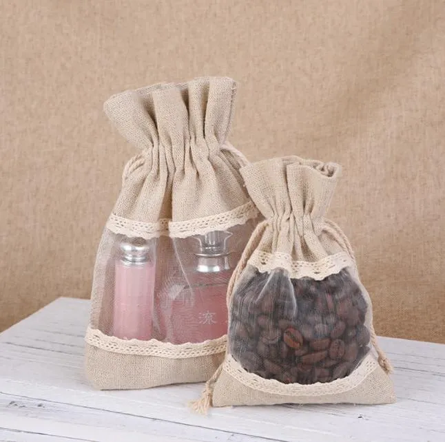 Wholesale Jewelry Jute Drawstring Pouch Creative Candy Gift Bag with Window