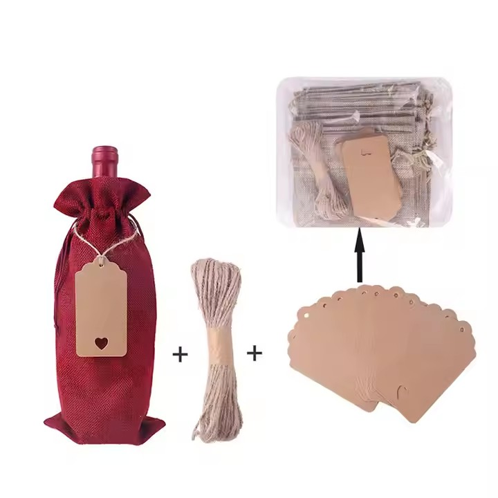 Custom Logo Reusable Eco-Friendly Burlap Jute Linen Drawstrings Wine Bottle Gift Bags