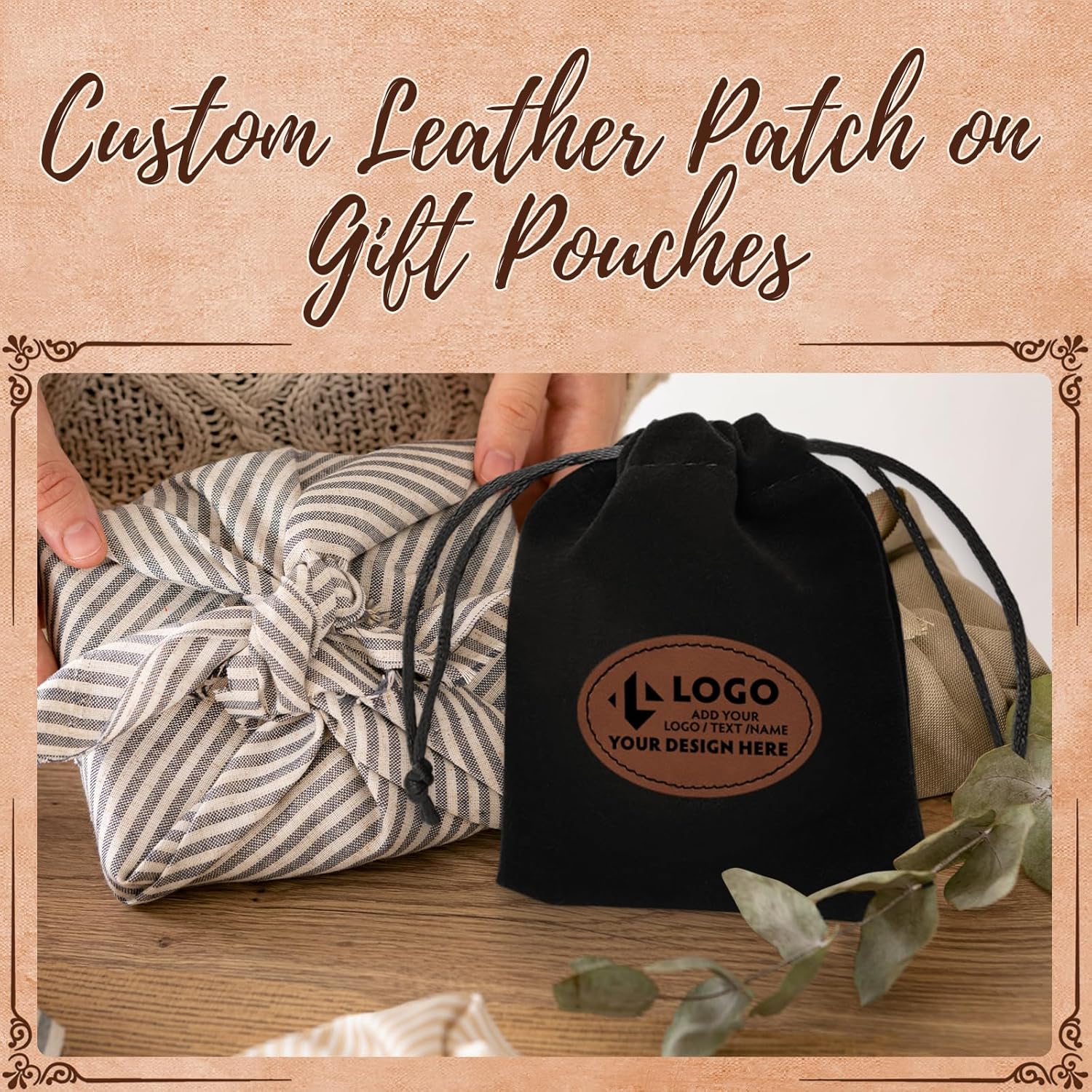 2025 Custom Tan Oval Leather Patch Drawstring Gift Bags 50 PCS Logo Name on Velvet Storage Pouches 6 X 8 Inch