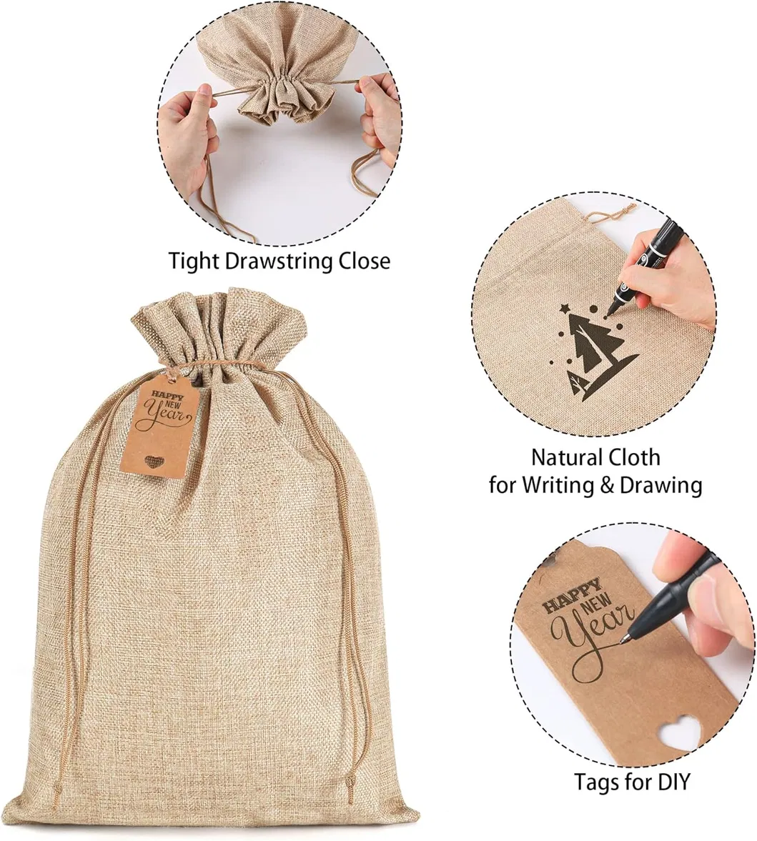 12 X 16 Inches Beige Linen Burlap Bags with Drawstring Burlap Favor Sacks for Wrapping Gifts