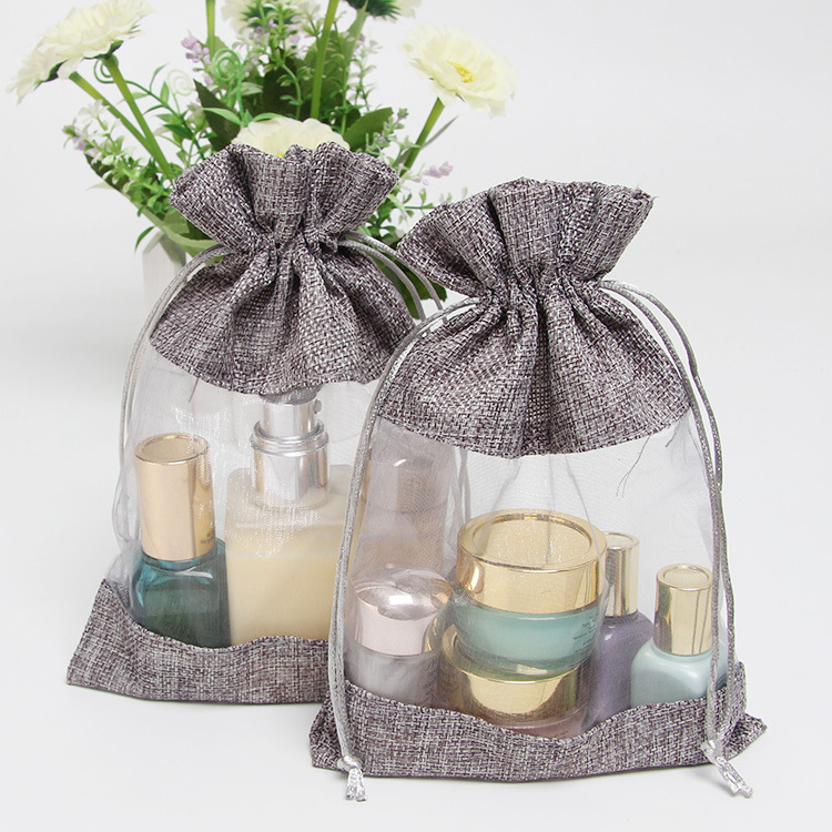 Clear Mini Promotional Burlap Jute Gift Bag Fashionable Pull String Pouch Jute Bag Custom Printed Burlap Tote Bag Drawstring Storage Bag