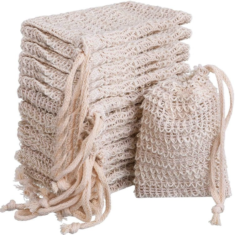 Eco Friendly Factory Promotional Natural Sisal Fiber Linen Mesh Drawstring Soap Bag