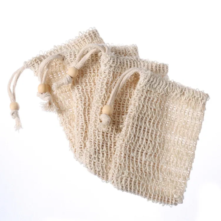 Eco Friendly Factory Promotional Natural Sisal Fiber Linen Mesh Drawstring Soap Bag