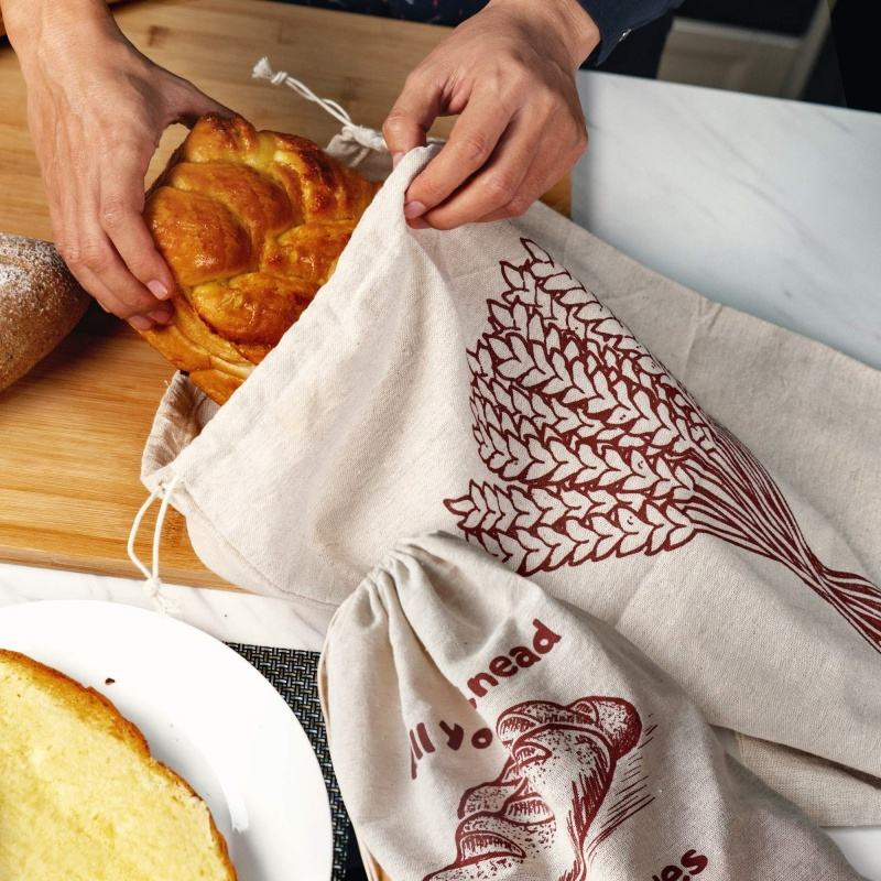 Custom French Printed Reusable Drawstring Storage Jute Organic Cotton Linen Bread Bag