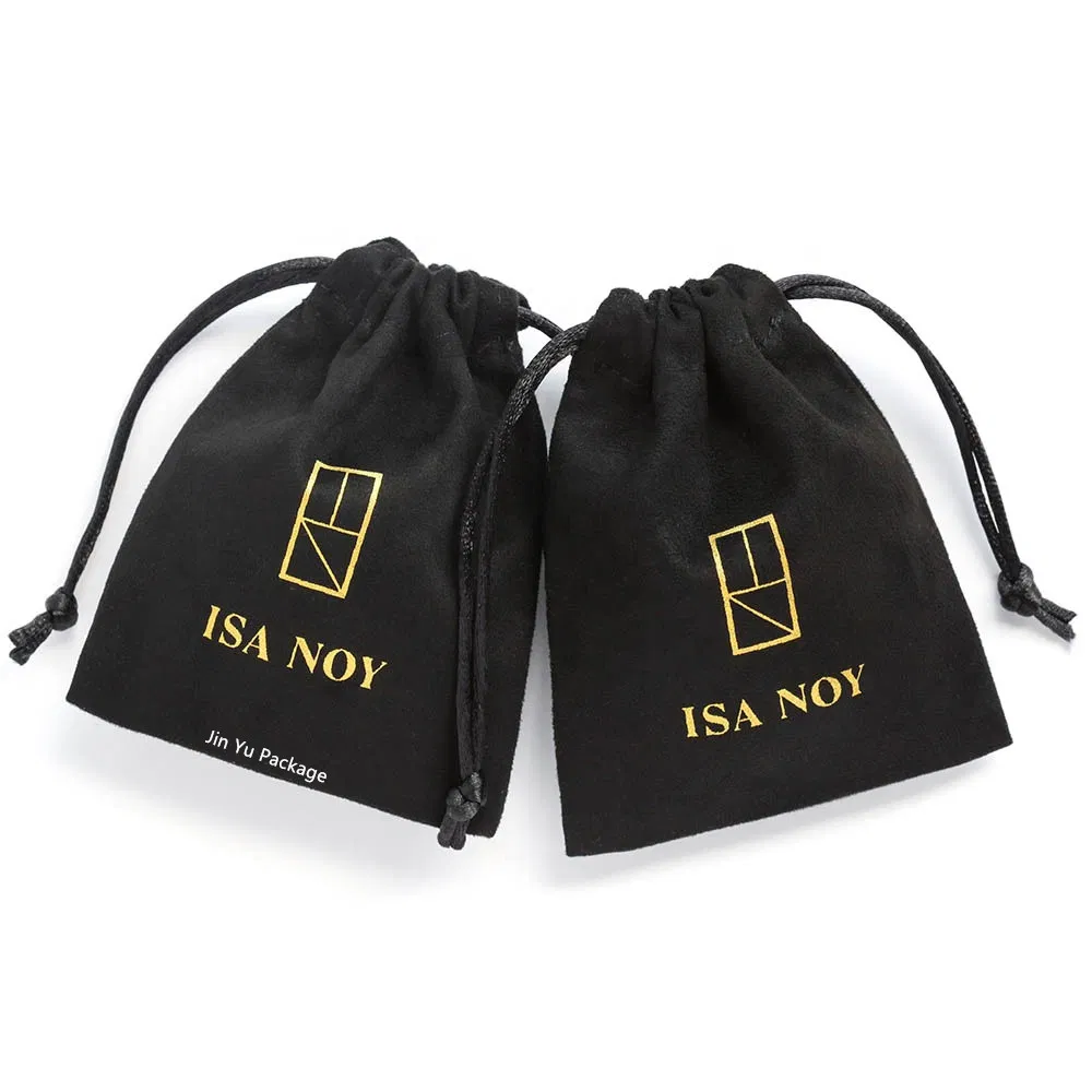 Custom Black Velvet Drawstring Velvet Jewelry Suede Packaging Pouch Bag with Gold Logo Printing